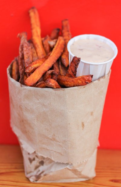 Fresh Cut Yam Fries with chipotle mayo at Al's Gourmet Falafel and Fries, Salt Spring Island, BC Restaurant